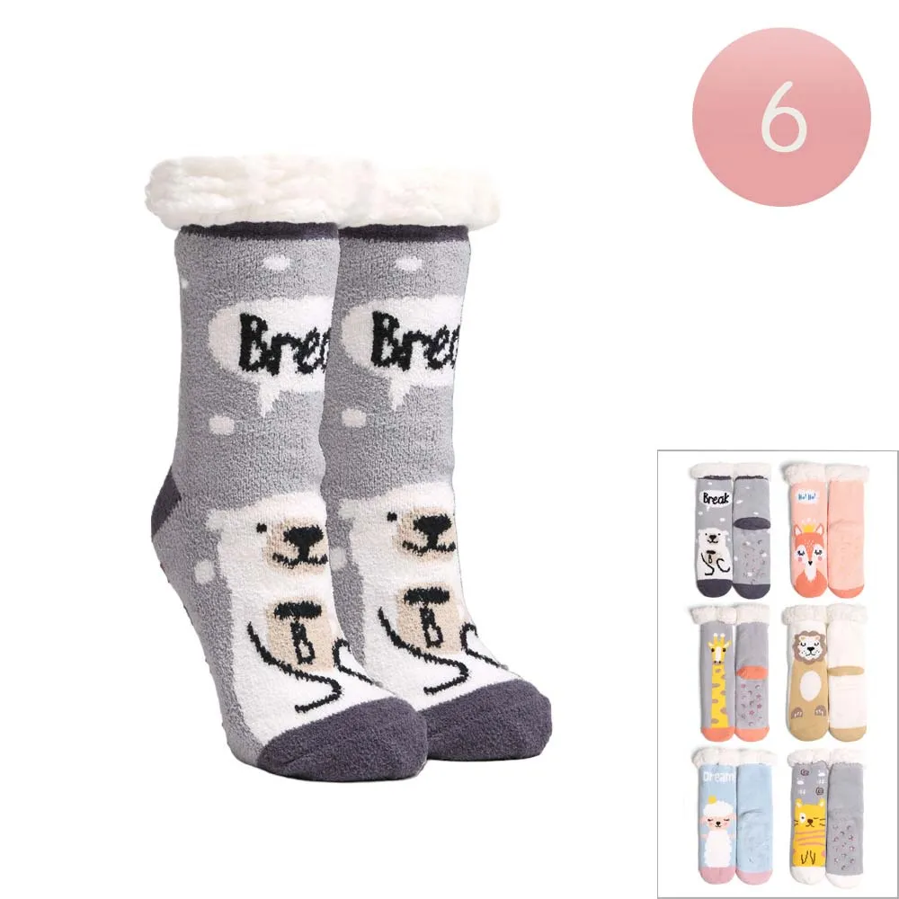 6Pairs Faux Sherpa Lining Animal Character Socks