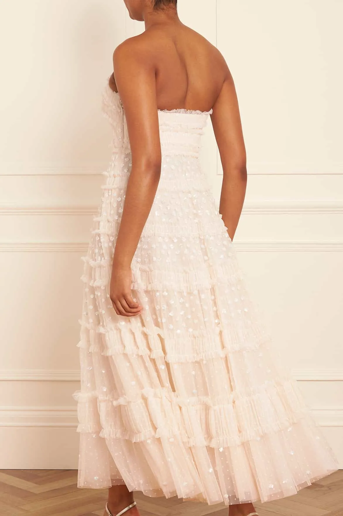 Dot Shimmer Tiered Strapless Ankle Gown