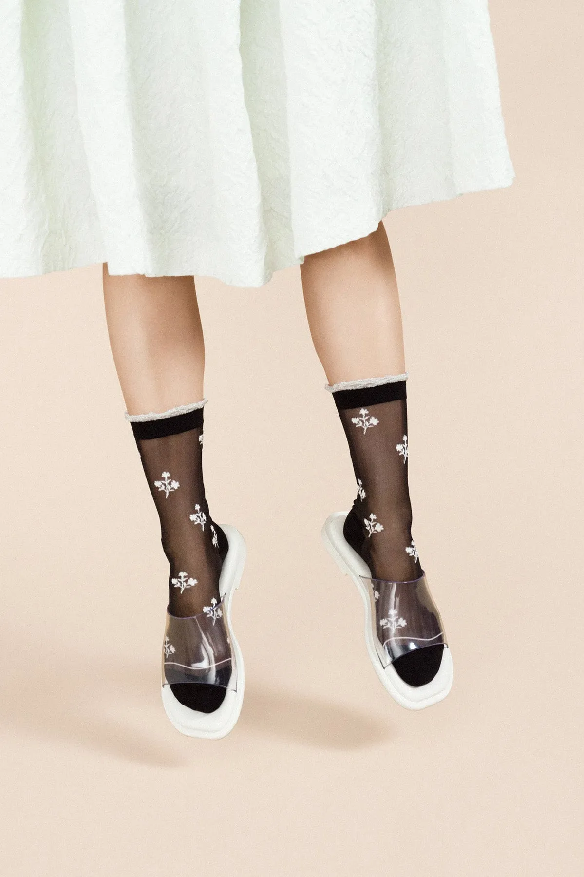 Floral Clover Sheer Crew Socks - Black