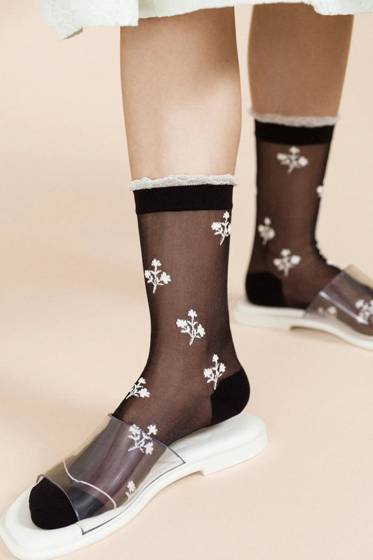 Floral Clover Sheer Crew Socks - Black