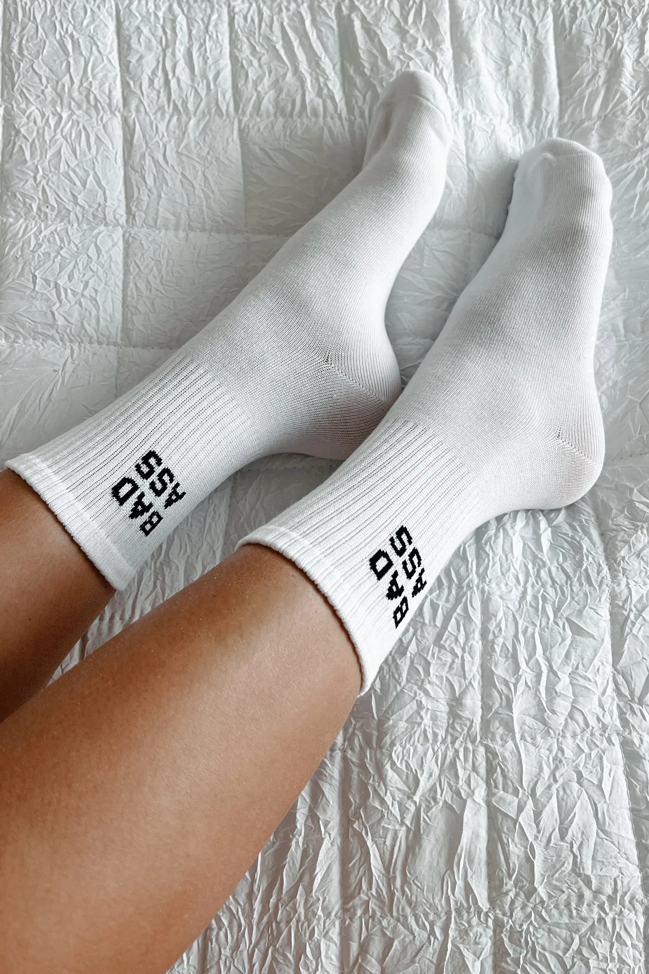 "Bad Ass" Ribbed Crew Socks (White)